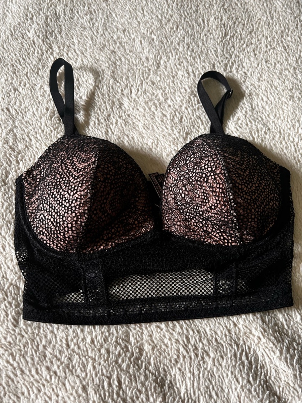 Victoria's Secret Black Lace Longline Bra with Pink Underlay